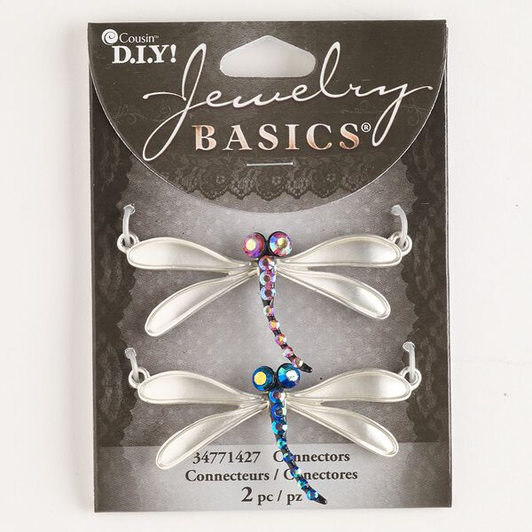 Focal assortment, matte silver-colored copper / black-finished brass / glass, pink and blue AB , 53x28mm dragonfly with 2 loops. Sold per pkg of 2. image number 0