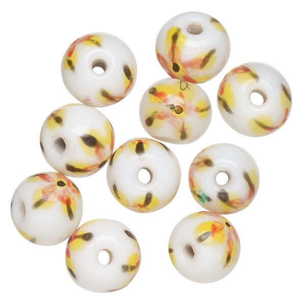 Bead, lampworked glass, opaque white / black / yellow, 9-11mm round. Sold per pkg of 10. image number 0