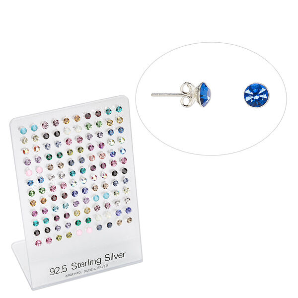 Earstud, crystal and sterling silver, multiple colors, 5mm round, 6x4x2-1/2 inch display. Sold per pkg of 60 pairs. image number 0
