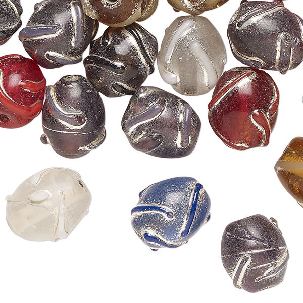Bead mix, glass, translucent mixed colors, 11x10mm textured oval with wiggy line design. Sold per 2-ounce pkg, approximately 40 beads. image number 0