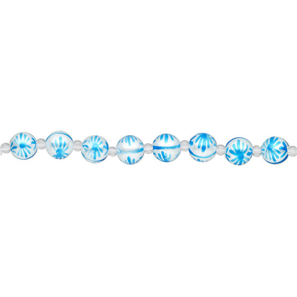 Bead, glass 1pkg8, opaque white and turquoise blue, 12mm hand-painted round. image number 1