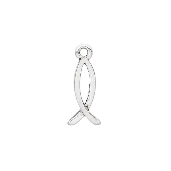 Drop, antique silver-plated "pewter" (zinc-based alloy), 17x8mm double-sided Christian fish. Sold per pkg of 20. image number 0