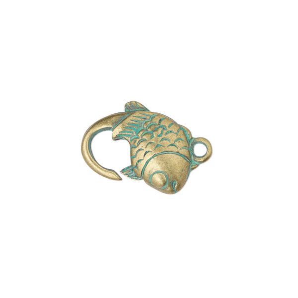 Clasp, lobster claw, antique brass-plated "pewter" (zinc-based alloy), green patina, 16.5x12mm double-sided with fish. Sold per pkg of 8. image number 0