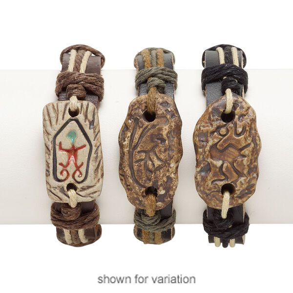 Bracelet mix, ceramic / leather / cotton (dyed), multicolored, 18-22mm wide with mixed shape, adjustable from 6-8 inches with wrapped knot closure. Sold per pkg of 3. image number 1