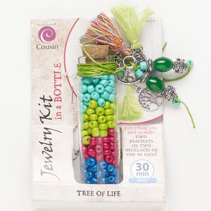 Necklace or bracelet kit, glass / steel / antique silver-finished "pewter" (zinc-based alloy) / cork / cotton, mixed colors, tree of life theme. Sold per set.