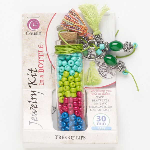 Necklace or bracelet kit, glass / steel / antique silver-finished "pewter" (zinc-based alloy) / cork / cotton, mixed colors, tree of life theme. Sold per set. image number 0