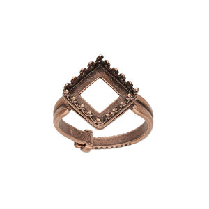 Ring 1pkg1, JBB Findings, antique copper-plated brass, 15.5mm wide with decorative trim and 10x10mm square bezel setting, adjustable from size 8-11.