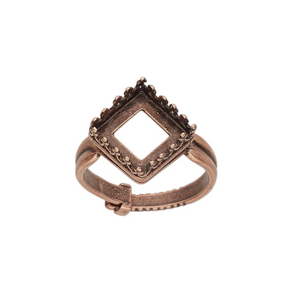 Ring 1pkg1, JBB Findings, antique copper-plated brass, 15.5mm wide with decorative trim and 10x10mm square bezel setting, adjustable from size 8-11. image number 0
