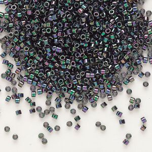 Seed bead, Delica®, glass, pkg/250g, #11 round, opaque metallic gold iris plum emerald (DB-1001).