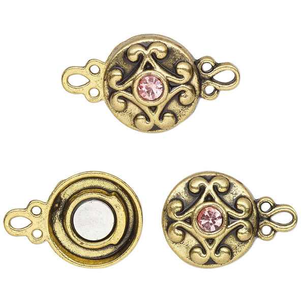 Clasp, magnetic, gold-finished "pewter" (zinc-based alloy) and glass, pink, 12mm double-sided round. Sold per pkg of 2. image number 0