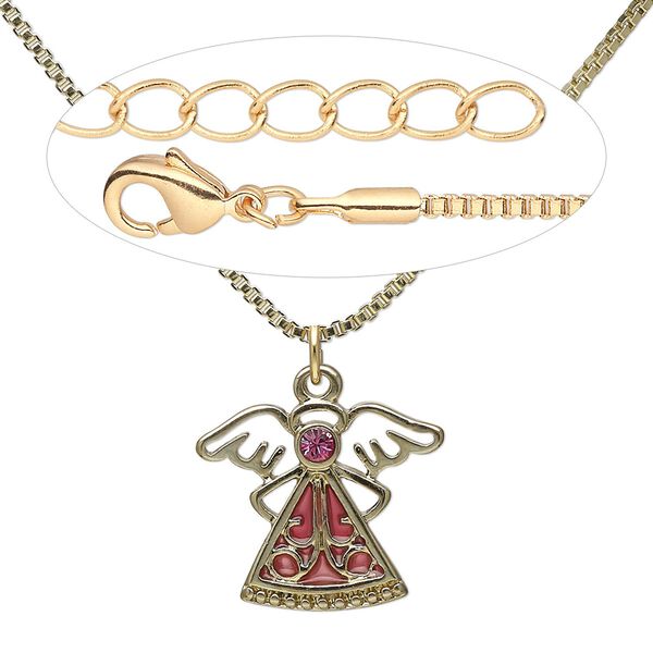 Necklace, Everyday Jewelry™, gold-finished "pewter" (zinc-based alloy) and brass / crystal / enamel, rose and pink, 24x19mm angel, 18 inches with lobster claw clasp. Sold individually. image number 0