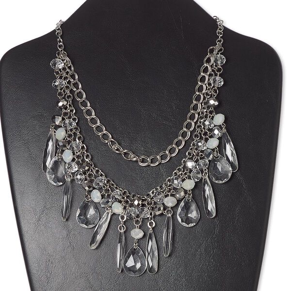 Necklace, acrylic / glass / silver-plated steel / brass, silver / clear / white, teardrop, 18 inches with 2-1/2 inch extender chain and lobster claw clasp. Sold individually. image number 0