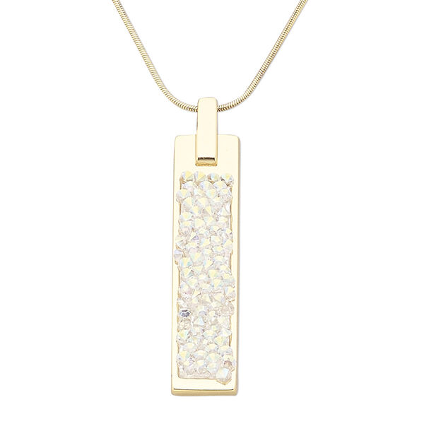 Necklace, Czech glass rhinestone and gold-plated brass, clear AB, 60x13mm rectangle, 16 inches with 2-inch extender chain and lobster claw clasp. Sold individually. image number 0