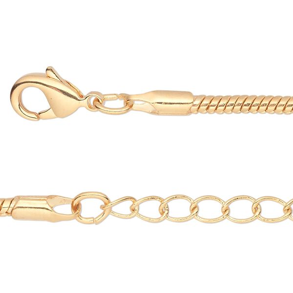Chain, gold-finished brass, 2.5mm snake, 7-1/2 inches with 1-1/4 inch extender chain and lobster claw clasp. Sold per pkg of 6. image number 0