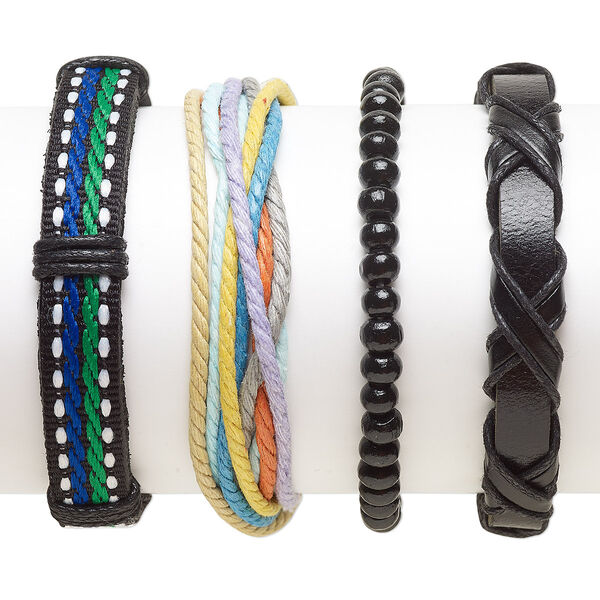 Bracelet mix, Everyday Jewelry, leather (dyed) / Japanese pagoda wood / waxed cotton, multicolored, 5-13mm wide, 7-8 inches. Sold per pkg of 4. image number 0