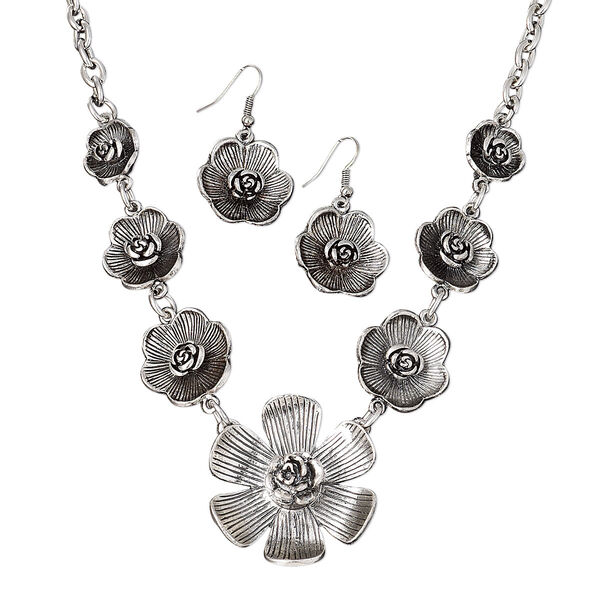 Necklace / bracelet / earring, antiqued silver-finished steel and "pewter" (zinc-based alloy), 14-40mm graduated flower, 18-inch necklace with 3-inch extender chain and lobster claw clasp, 7-1/2 inch bracelet with 3-inch extender and lobster claw clasp, 41x23mm earrings with fishhook ear wire. Sold per set. image number 0