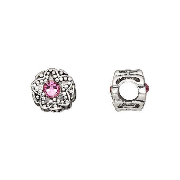 Bead, Dione®, antique silver-plated pewter (tin-based alloy) and crystal rhinestone, rose, 11mm double-sided round with star design. Sold individually. image number 0
