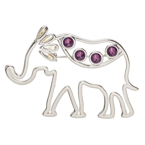 Brooch, Everyday Jewelry™, Crystal Passions® and silver-plated "pewter", amethyst and light Colorado topaz, 64x43mm open elephant. Sold individually. image number 0