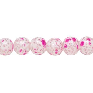 Bead, glass, opaque dark pink and white, 7-8mm round with random spotted pattern. Sold per 15-1/2" to 16" strand.