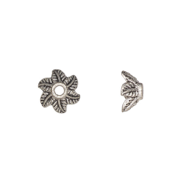 Bead cap, antiqued silver-finished "pewter" (zinc-based alloy), 11x6mm leaf, fits 8-9mm beads. Sold per pkg of 20. image number 0