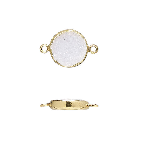 Link, white druzy agate (natural) and gold-finished sterling silver, 12mm single-sided flat round. Sold per pkg of 2. image number 0
