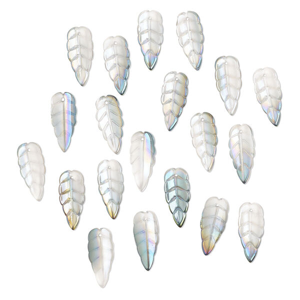 Drop, pressed glass, translucent metallic green rainbow, 23 x 10mm pressed leaf, top-drilled. Sold per pkg of 20. image number 0