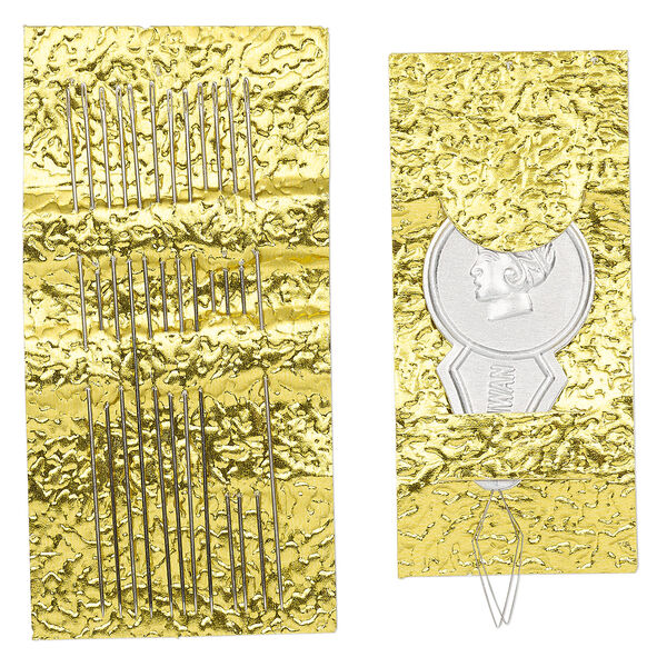 Needle, Beadalon&reg;, steel and aluminum, #10 hard with 0.62mm eye width, 2 inches with (2) threaders. Sold per 14-piece set. image number 0