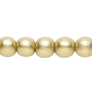 Bead 1pkg1, Taiwanese cheesewood (coated), painted metallic yellow gold, 9-10 round, 15-1/2 to 16 inches.