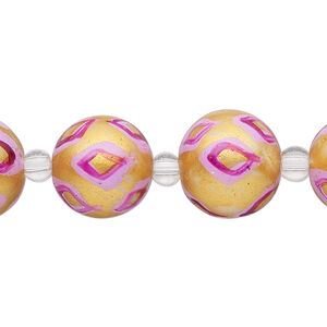 Bead, glass 1pkg8, gold / pink / red, 14mm hand-painted round.