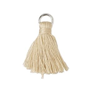 Tassel, cotton and imitation rhodium-finished steel, beige, 20-24mm mini tassel with 6mm open jump ring. Sold per pkg of 6.
