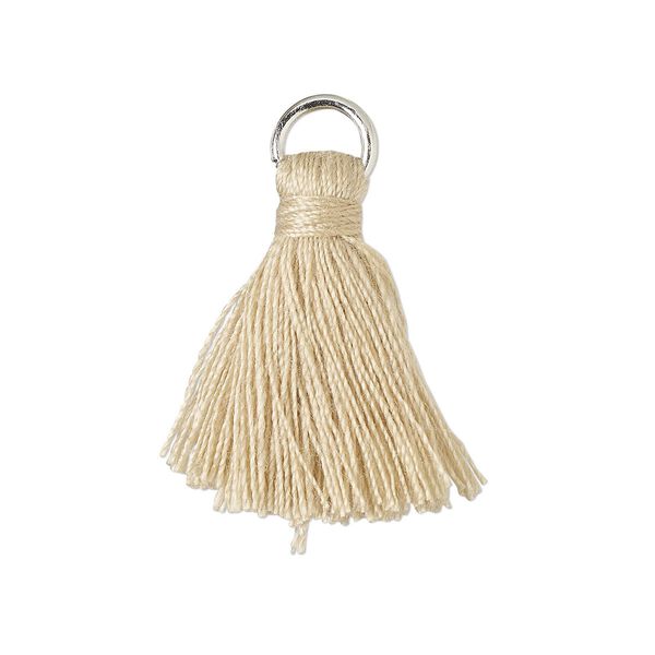 Tassel, cotton and imitation rhodium-finished steel, beige, 20-24mm mini tassel with 6mm open jump ring. Sold per pkg of 6. image number 0