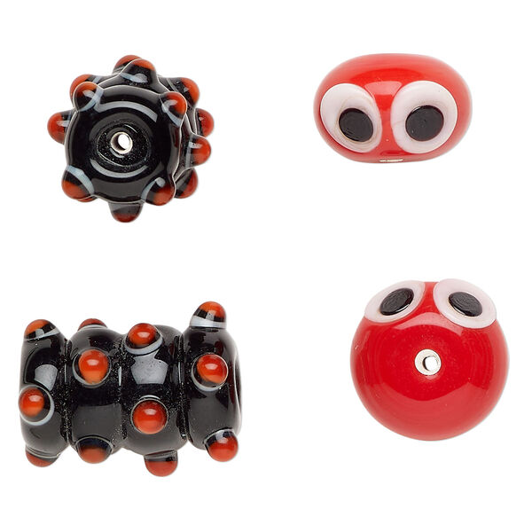 Bead, lampworked glass 2pkg2, multicolored, 17x12mm/24x18mm caterpillar head and body. image number 0