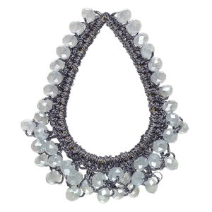 Focal, glass / nylon / steel, dark grey, 52x43mm-55x44mm open teardrop with fringe.. Sold per pkg of 2.