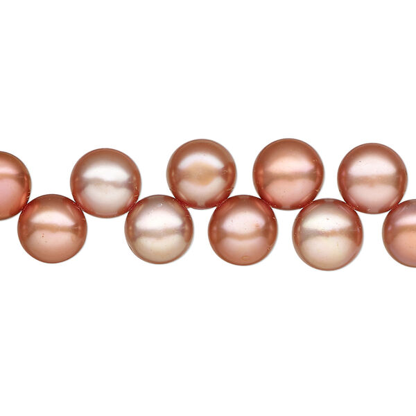 Pearl, cultured freshwater pearl (dyed), tea rose, 7-8mm top-drilled flat-sided round, C+ grade, Mohs hardness 2-1/2 to 4. Sold per 15" strand, approximately 80 beads. image number 0