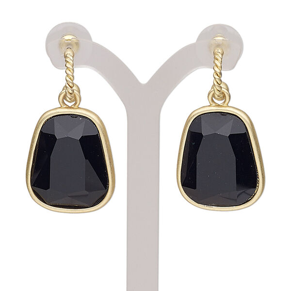 Earring, glass / stainless steel / gold-finished "pewter" (zinc-based alloy), black, 40mm with matte trapezoid and post. Sold per pair. image number 0