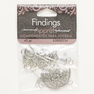 Wire and finding assortment, steel and brass, pkg/42, silver finish, assorted sizes.