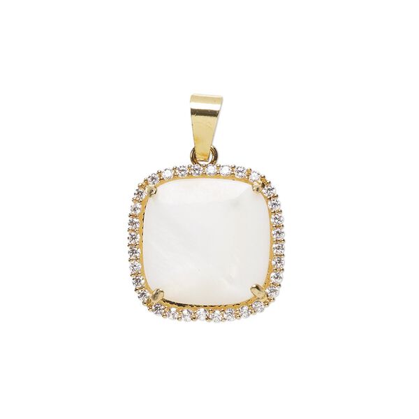 Pendant, glass rhinestone / mother-of-pearl shell / gold-finished brass, clear and white, 17mm single-sided square. Sold individually. image number 0