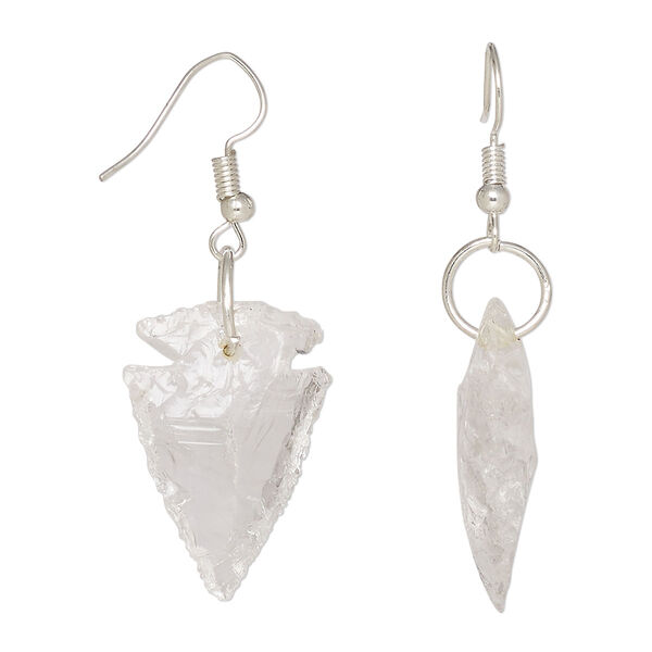 Earring, Everyday Jewelry, quartz crystal and silver-finished brass, 25x14-35x20mm hand-knapped arrowhead with fishhook ear wire. Sold per pair. image number 0