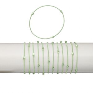 Bracelet, stretch, plastic and steel, metallic green, coil with 2.5mm and 4mm round, 7 inches. Sold per pkg of 12.