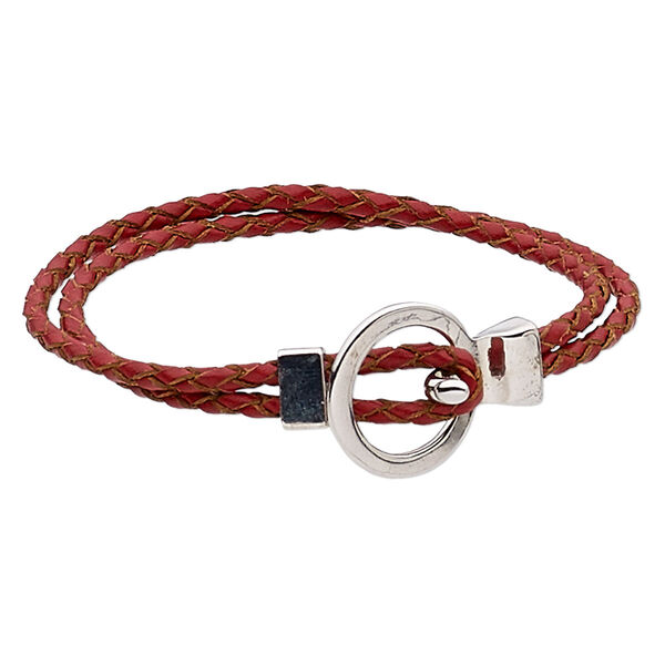 Bracelet, 2-strand, leather (dyed) and antique silver-finished "pewter" (zinc-based alloy), red, 6mm wide braided round, 7 inches with buckle-style closure. Sold individually. image number 0