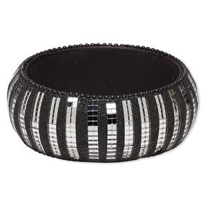 Bracelet, bangle, resin and glass, black, 31mm wide with mirrors, 7-1/2 inches. Sold individually.