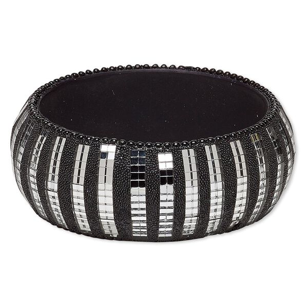 Bracelet, bangle, resin and glass, black, 31mm wide with mirrors, 7-1/2 inches. Sold individually. image number 0