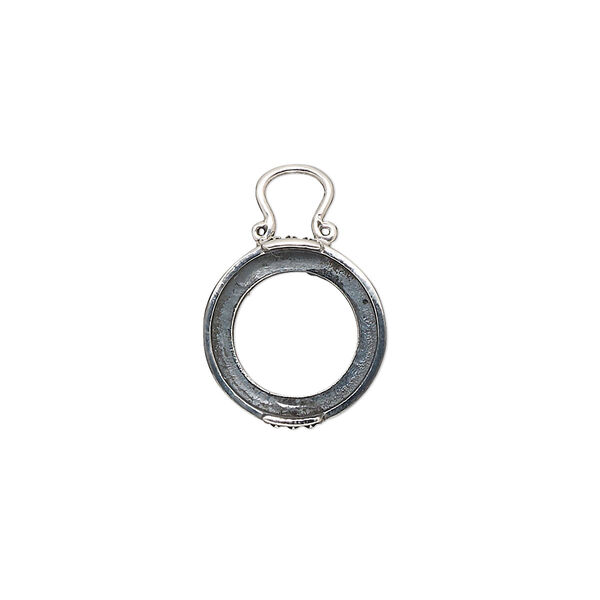 Drop, antiqued sterling silver, 13mm round with dot design and open back with 12mm 2-prong round cabochon setting. Sold individually. image number 0