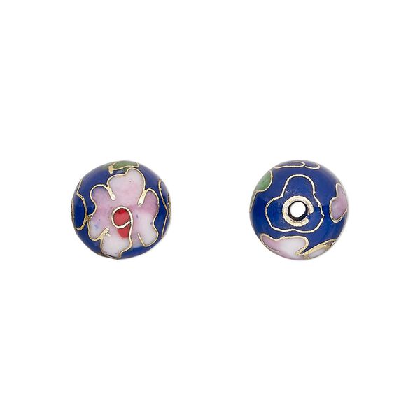 Bead, cloisonné, enamel and gold-finished copper, cobalt blue and multicolored, 10mm round with flower design. Sold per pkg of 10. image number 0
