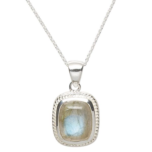 Necklace, labradorite (natural) and sterling silver, 17x14mm rectangle, 18 inches with springring clasp. Sold individually. image number 0