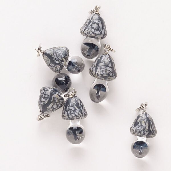 Drop, silver-finished steel / brass / glass / polymer clay, black / grey / clear, 21x13mm-25x16mm mushroom. Sold per pkg of 6. image number 0