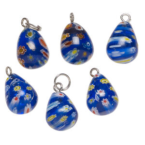 Drop mix, millefiori glass and silver-finished steel 1pkg6, translucent cobalt and multicolored, 20x12mm-22x13mm teardrop.
