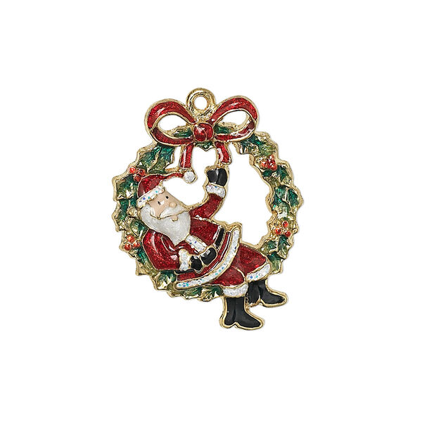 Charm, enamel and gold-finished "pewter" (zinc-based alloy), multicolored, 25x20mm single-sided Santa Claus sitting on wreath with bow. Sold individually. image number 0
