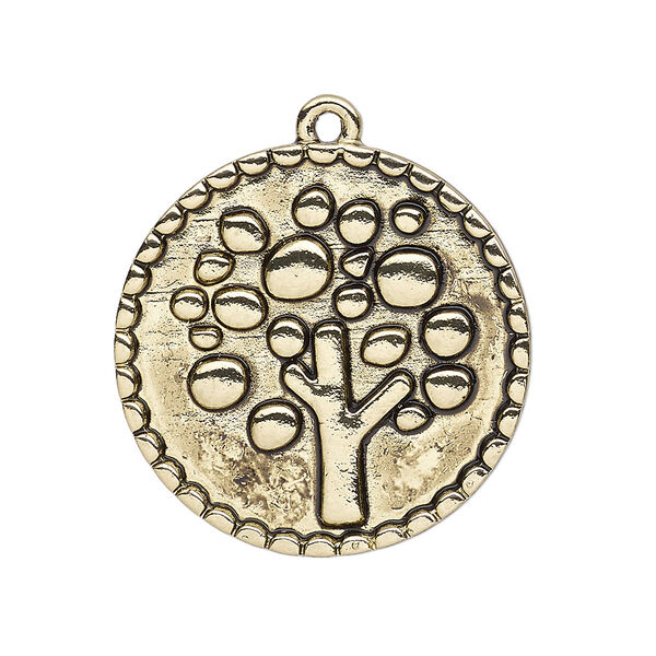 Focal, antique gold-finished "pewter" (zinc-based alloy), 30mm single-sided round with tree design. Sold per pkg of 2. image number 0