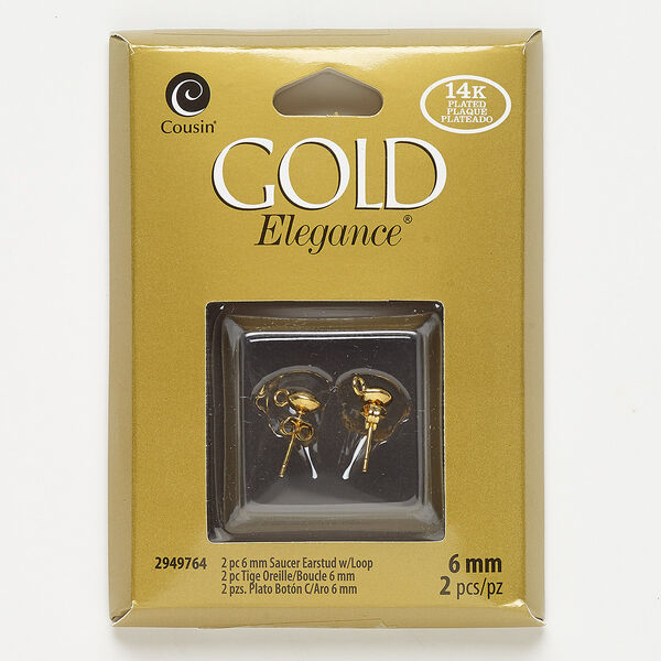 Earstud, lacquer and gold-plated copper, 6mm round with open loop. Sold per pair. image number 0